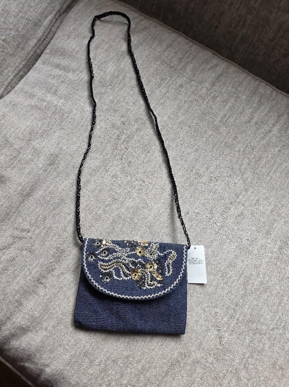 Embroidered Navy Crossbody Bag with Sequin Detail
